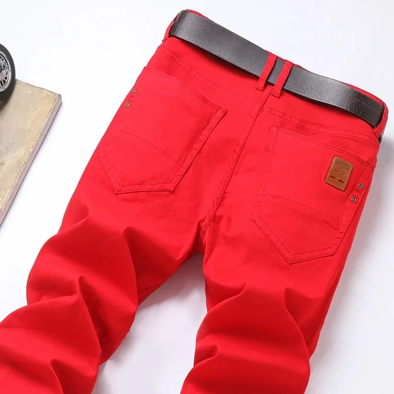 Spring New Men's Red Elastic Jeans Korean Slim Straight Leg Wash Denim Pants Comfortable Soft Casual Trendy High End Trousers — image 2
