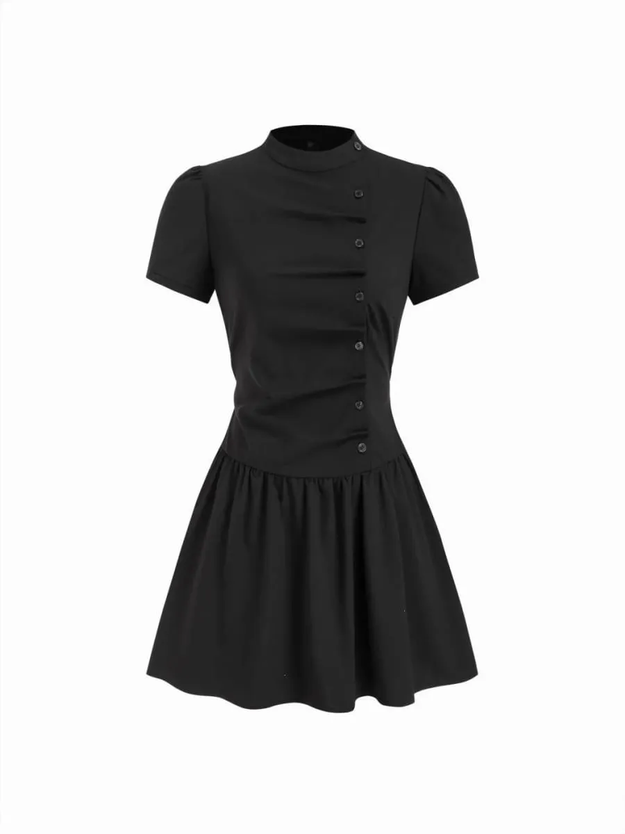 Women's Vintage Plaid A-Line Dress Short Sleeve Stand Collar Button down Pleated Mini Dress Casual Elegant Fashion — image 2