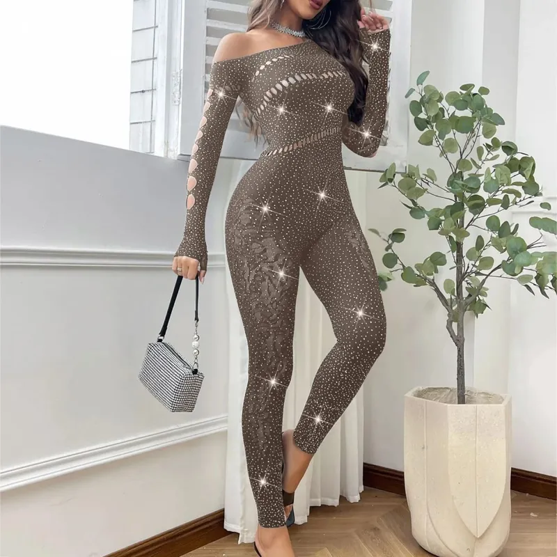 Kvinder Sexet Mesh Rhinestone Jumpsuit Langærmet Se Through High Stretch Body Strømper Jumpsuit Club Plus Size Stock Lingeri — image 12