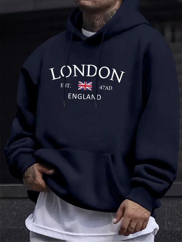 London Fashion Print Hoodies For Men Casual Autumn Winter Casual Sweatshirt Kangaroo Pocket Long Sleeve Autumn/Winter Simple