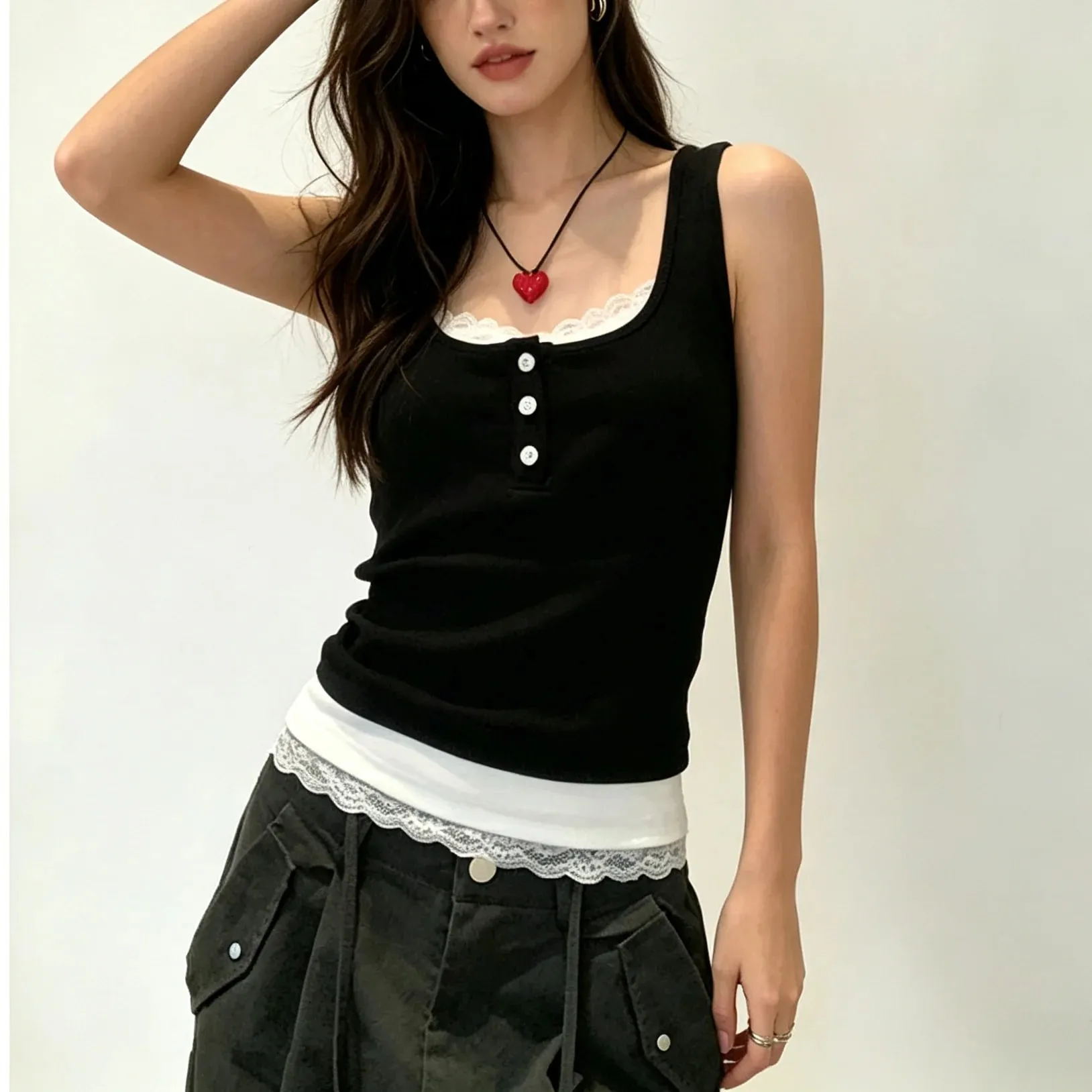 Women Fake Two Piece Lace Trim Tank Tops With Built-in Bra Pads Ribbed Viscose Sleeveless Camisole Slim Fit Crop Vest A6493 — image 2