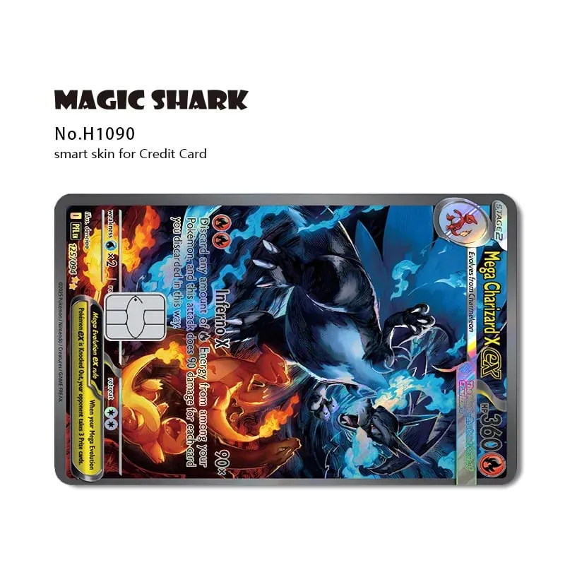 Tubarão mágico mew charizard ex eevee gengar pikachu tcg cartão holográfico laser filme de pele adesivo para cartão de crédito bancário