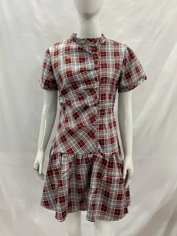 Women's Vintage Plaid A-Line Dress Short Sleeve Stand Collar Button down Pleated Mini Dress Casual Elegant Fashion — image 9