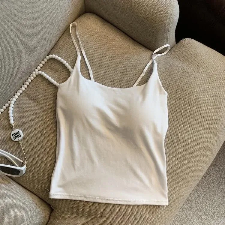 Slimming Summer Outerwear Inner Wear Camisole Tank Top Women Simple Sling Strap Vest With Chest Pad For Girls