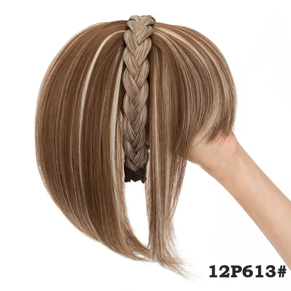 Snoilite 11'' Braided Headband with Clip-In Hair Topper With Bangs Natural Look Synthetic Straight Hair Extensions for Women 92g