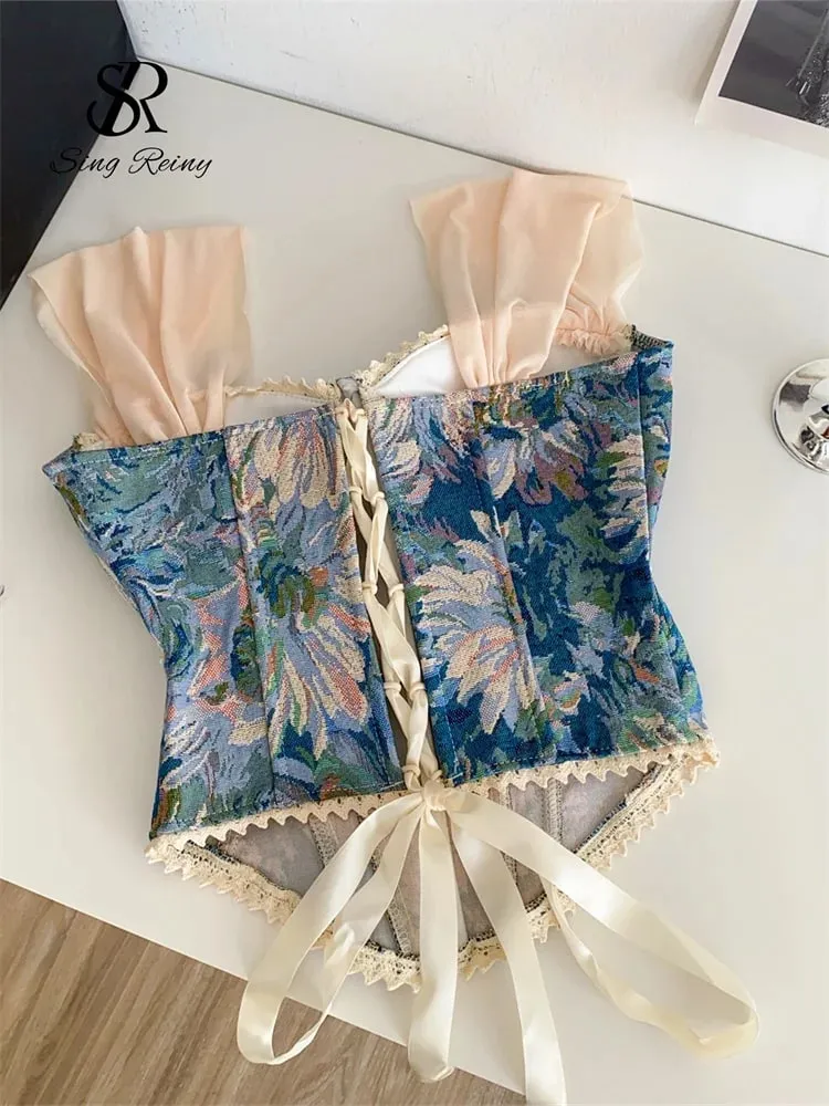 American Retro Print Evening Camisole Female Strap Lace Spliced Slim Top 2025 Streetwear Floral Vintage Beach Tank Top