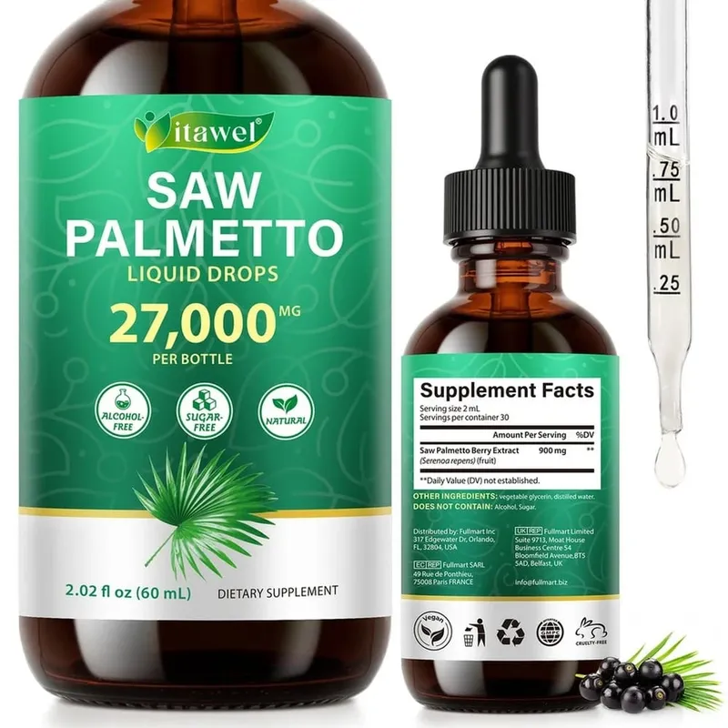 Itawel Saw Palmetto Liquid Drops Prostate Health Support Urinary Function Support GMO Free Paraben Free Sugar Free Vegan 60 ML