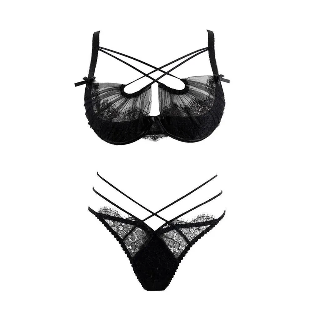 Pháp Ren Thêu Dây Đeo Chéo Bộ Đồ Lót Ren Lưới Push Up Bra Quần Rỗng Gợi Cảm Nữ Thân Mật Quần Lót Phù Hợp Với S-XL Đảng khi Mặc — image 4
