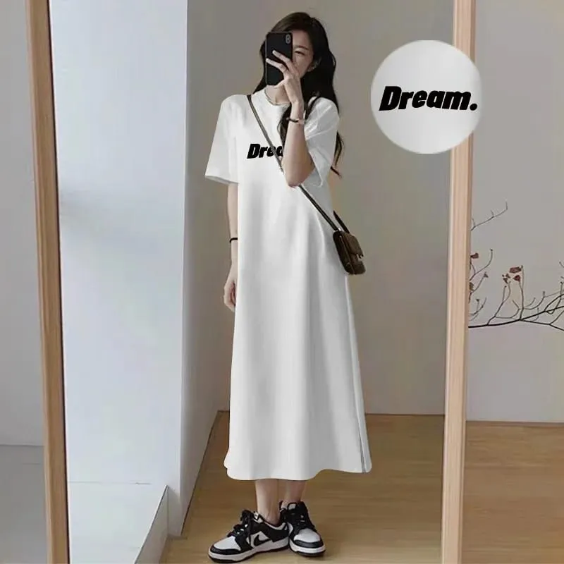 Oversized Dream Letter Print Maxi Tshirt Dress Women Short Sleeve Loose Casual Home Long Dress