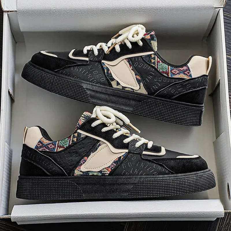Men's Vintage Patchwork Platform Sneakers - Ethnic Tribal Print Low-Top Casual Shoes Retro Fashion Walking Sneakers for Men