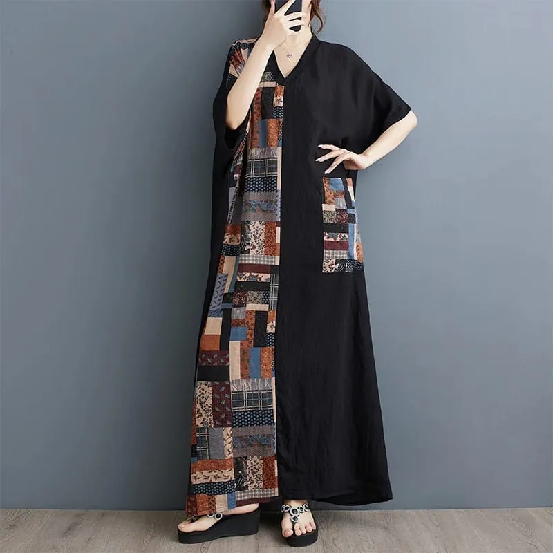 Long V-Ne ort Sve Printed Slimming Cotton Linen Dr Color Blo Casual Loose Fit Summer Faion plus Size Women — image 10