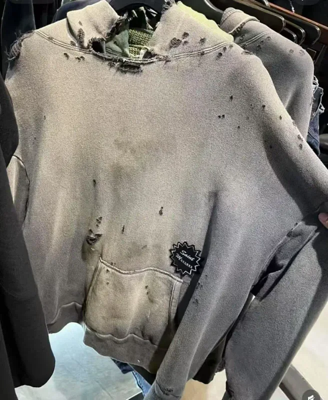 24FW SAINT Vintage Angel Printed Distressed Women Men Hooded Sweatshirt Hoodies Oversized Men Casual Cotton Pullover Hoodie