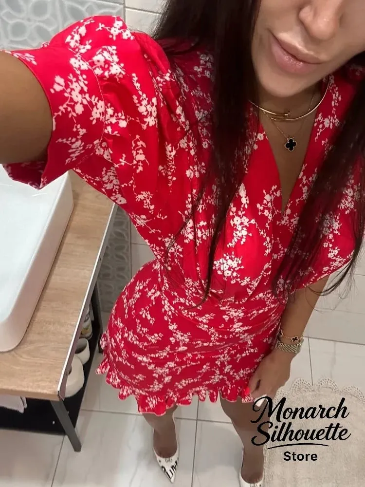 Chic Printed Slim Fit Mini Dress Women Elegant V-neck Puff Short Sleeves Waist Cinching Dresses 2026 Summer Lady Party Robes New — image 3