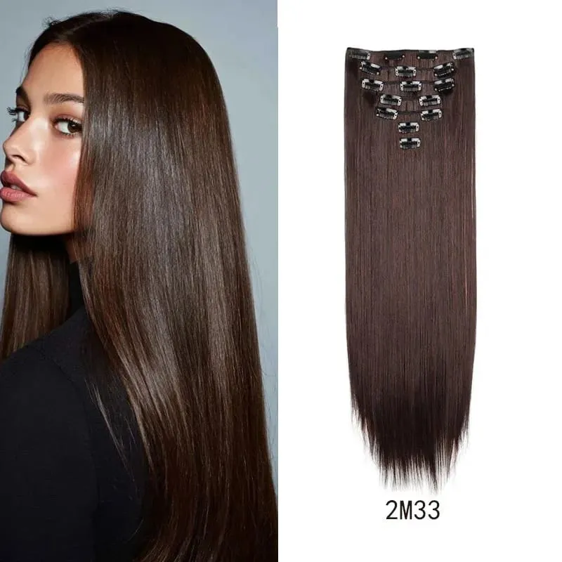 Synthetic 24inch Clips in Hair Extensions Long Straight Hairstyle Blonde Black Hairpieces Heat Resistant False Hair Daily Use