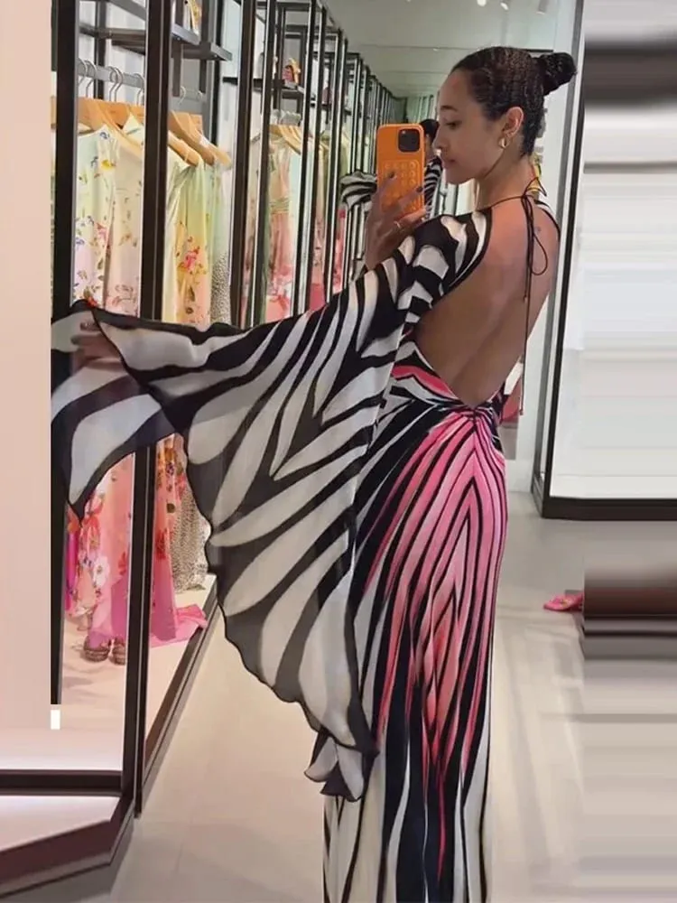 Frauen Rosa Orange Farbverlauf Cape Sleeve Maxi Kleid Sexy Neckholder Ausschnitt Flare Sleeve Kleid 2026 Damen Urlaub Party Outfits