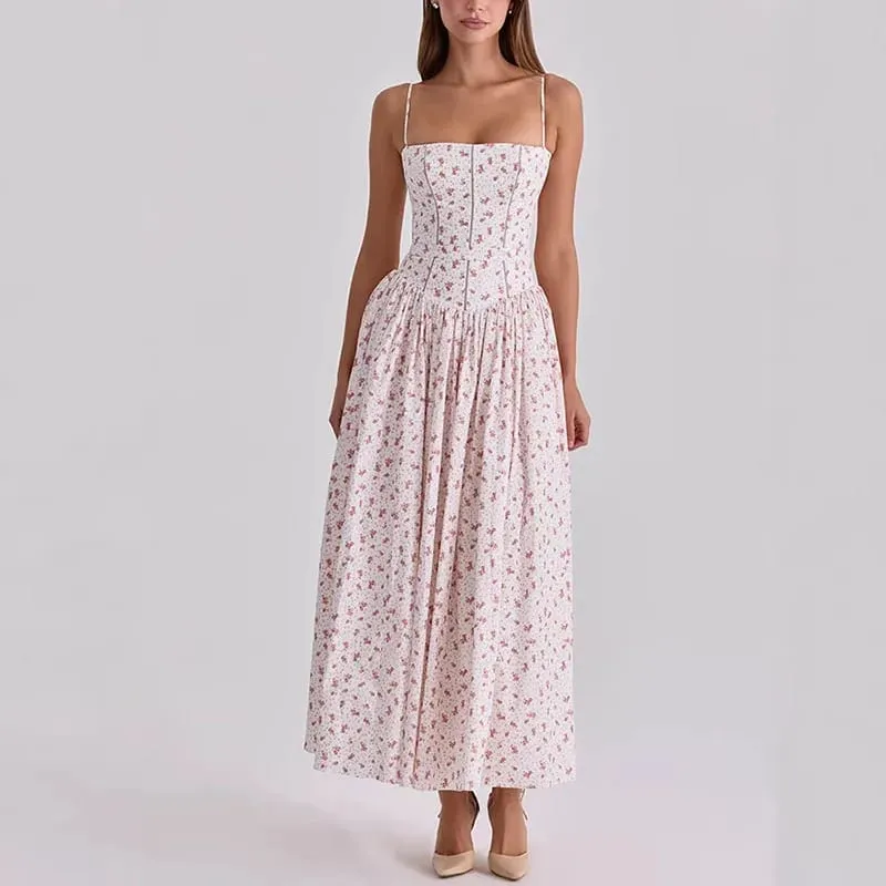 Floral Print Spaghetti Strap Maxi Dress Square Neck Corset Waist A-Line Elegant Dresses Casual 2026 Summer Vacation Chic Outfit — image 9