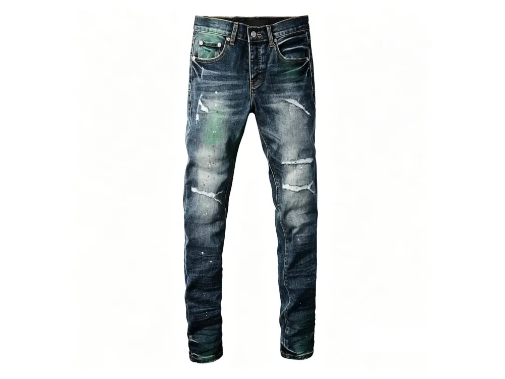 Calça jeans rasgada masculina, slim, vintage, desgastada, azul gradiente, verde, vermelho, respingos de tinta, botão fly high street, moda jeans