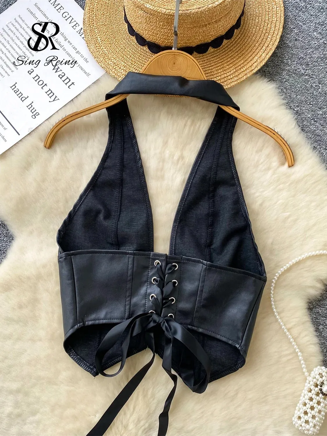 Halter PU Leather Vintage Top Women Deep V Neck Sleeveless Short Camisole Fashion Backless Lingerie Sexy Club Tank Top — image 2