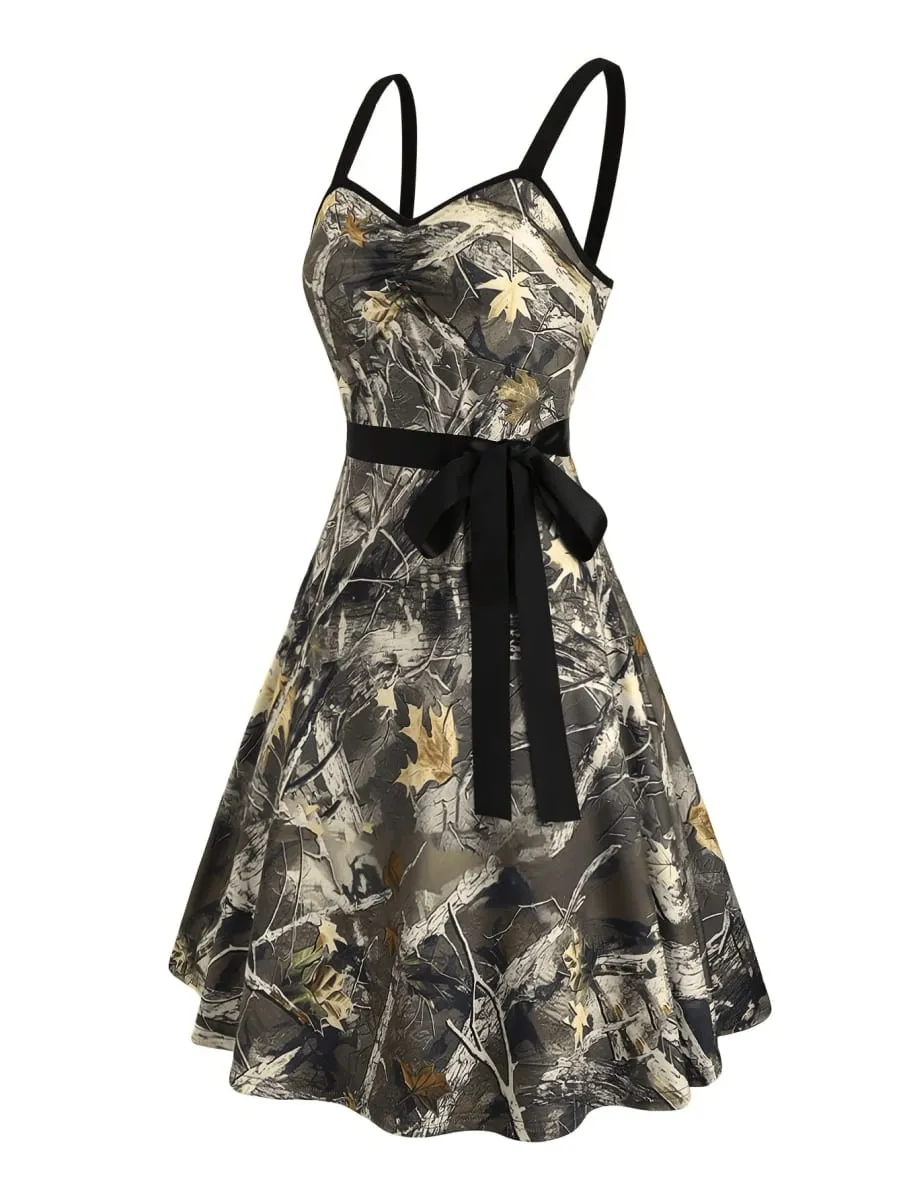 Womens Camo Print Spaghetti Strap Mini Dress Sweetheart Neck Bowknot Waist A Line Summer Party Dress