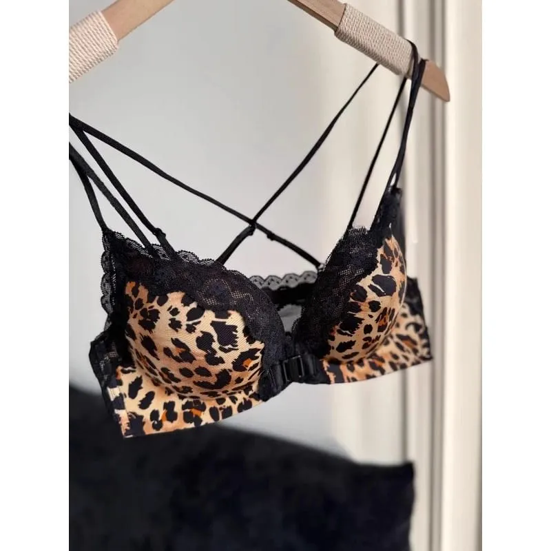 Leopard Print Front Button Bra Set Push Up Petite Women Backless Sexy Lingerie for Party Gathering Enhance Bust Show Larger S-XL — image 5