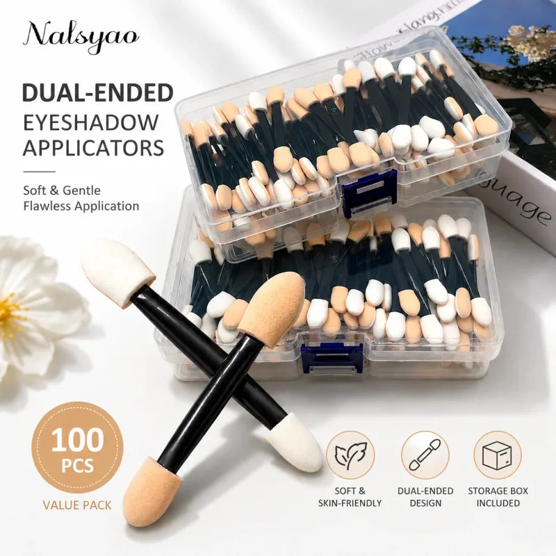 50/100/200PCS Dual-Sided Sponge Eyeshadow Applicators with Container – Long Handle Disposable Makeup Brushes Tool
