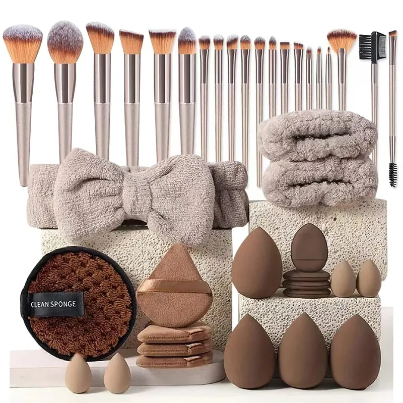 20/40Pcs Makeup Brushes and Sponges Set Brown Makeup Puff Beauty Egg Headband Wristband Remover Kit Makeup Tool Gift — image 1