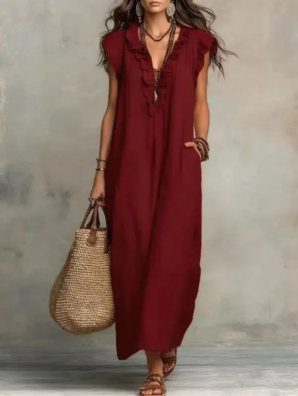 2026 verão feminino boho algodão linho maxi vestido cor sólida plissado decote em v sem mangas solto vestidos longos com bolsos casual praia
