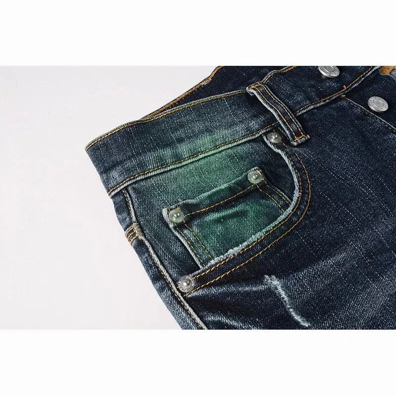 Calça jeans rasgada masculina, slim, vintage, desgastada, azul gradiente, verde, vermelho, respingos de tinta, botão fly high street, moda jeans