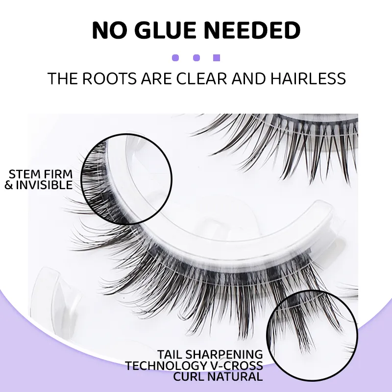 5 paires de faux cils auto-adhésifs Manga de Style mixte, sans colle, bande naturelle réutilisable, pour le maquillage quotidien des yeux