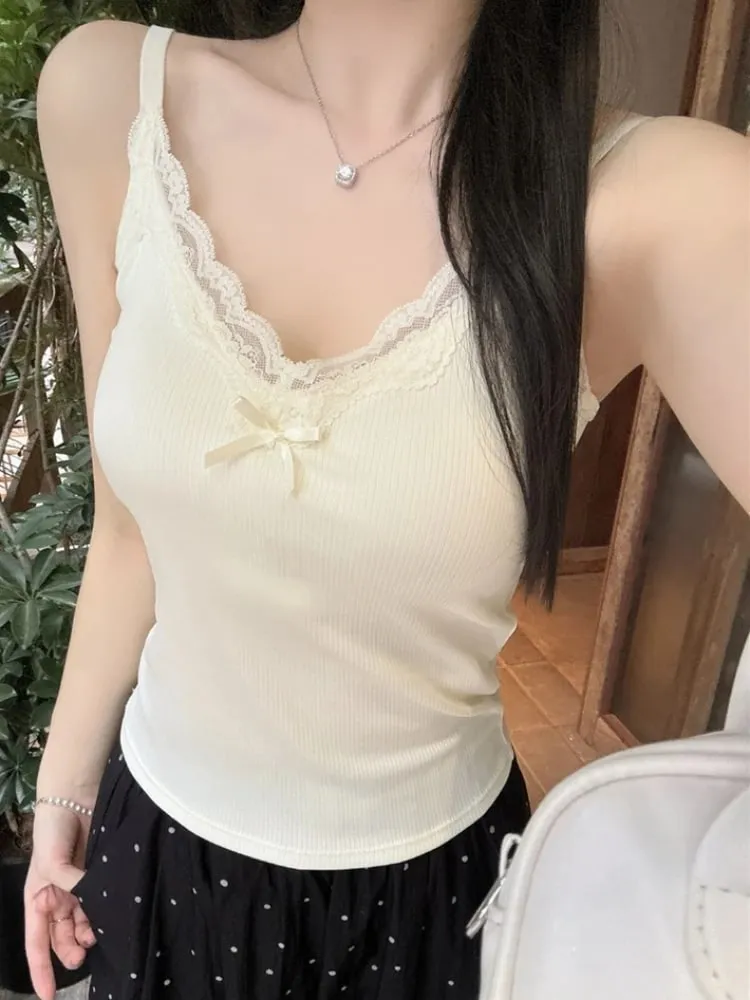 Spaghetti Strap Camis 2026 Summer Lace Ribbed Women Tank Top With Built In Bra Pads Slim Fit Crop Top For Inner & Outer Wear