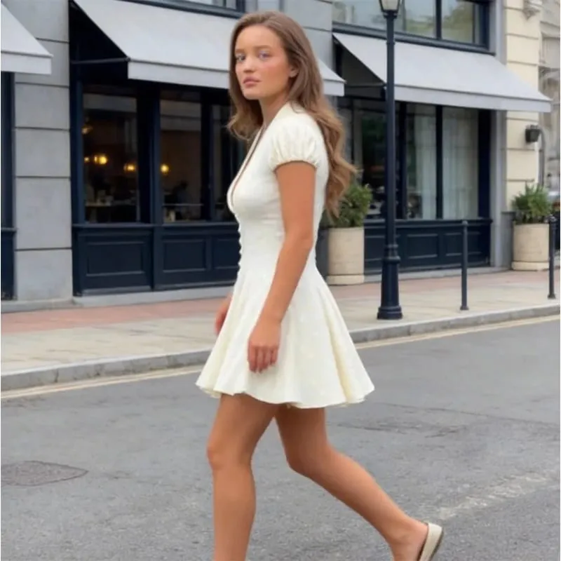 White Polka Dot Slim Women Summer Dress Solid Deep V-neck Puff Sleeves Pleated Front Button Short Dresses 2026 Lady Daily Wear