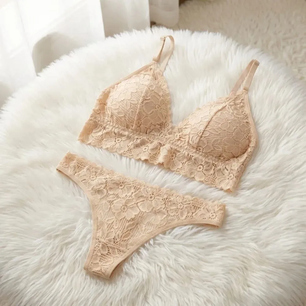 Sweet V Neck Lace Flower Bra Set Thong Solid Color Floral Panties Bra Kit Transparent Lingerie Lace Underwear Women