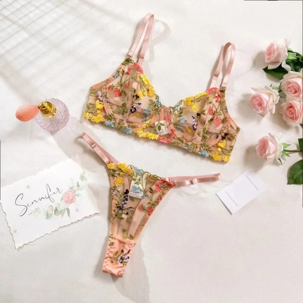 Sheer Intimates Transparent Lingerie Set Ultra-thin Elegant Embroidery Floral Underwear Push Up Bra Suit Women — image 3