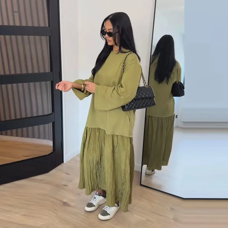 Solid Color Loose Fit Flare Sleeve Tiered Dress Crew Neck Ruffle Hem Pleated Long Maxi Dresses 2026 Spring Chic Casual Outwear