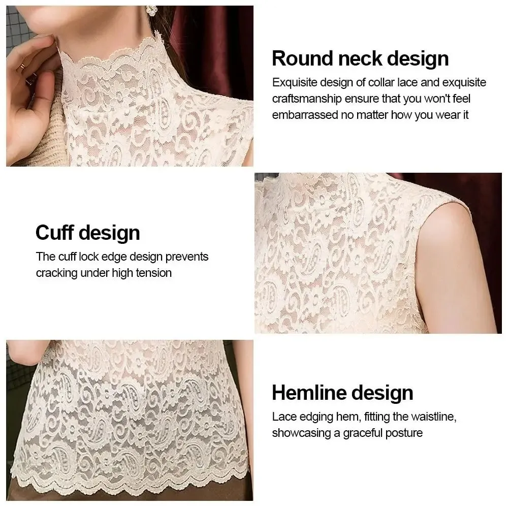 Elegant Half High Collar Floral Tank Tops Hollowed-out Black White T Shirt Sleeveless Vest Women Girls — image 9