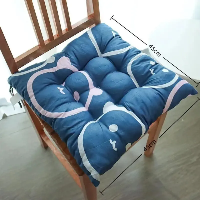 Non-deformable Thick Padded Square Seat Cushion Cute Cartoon Prints with Fixed Ties for Long Time Sitting