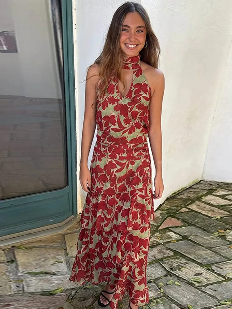 Hollow-out Halter Maxi Dresses Women Sleeveless Backless Waist-cinching Ruffles Dress 2026 New Ladies Summer Party Evening Robe