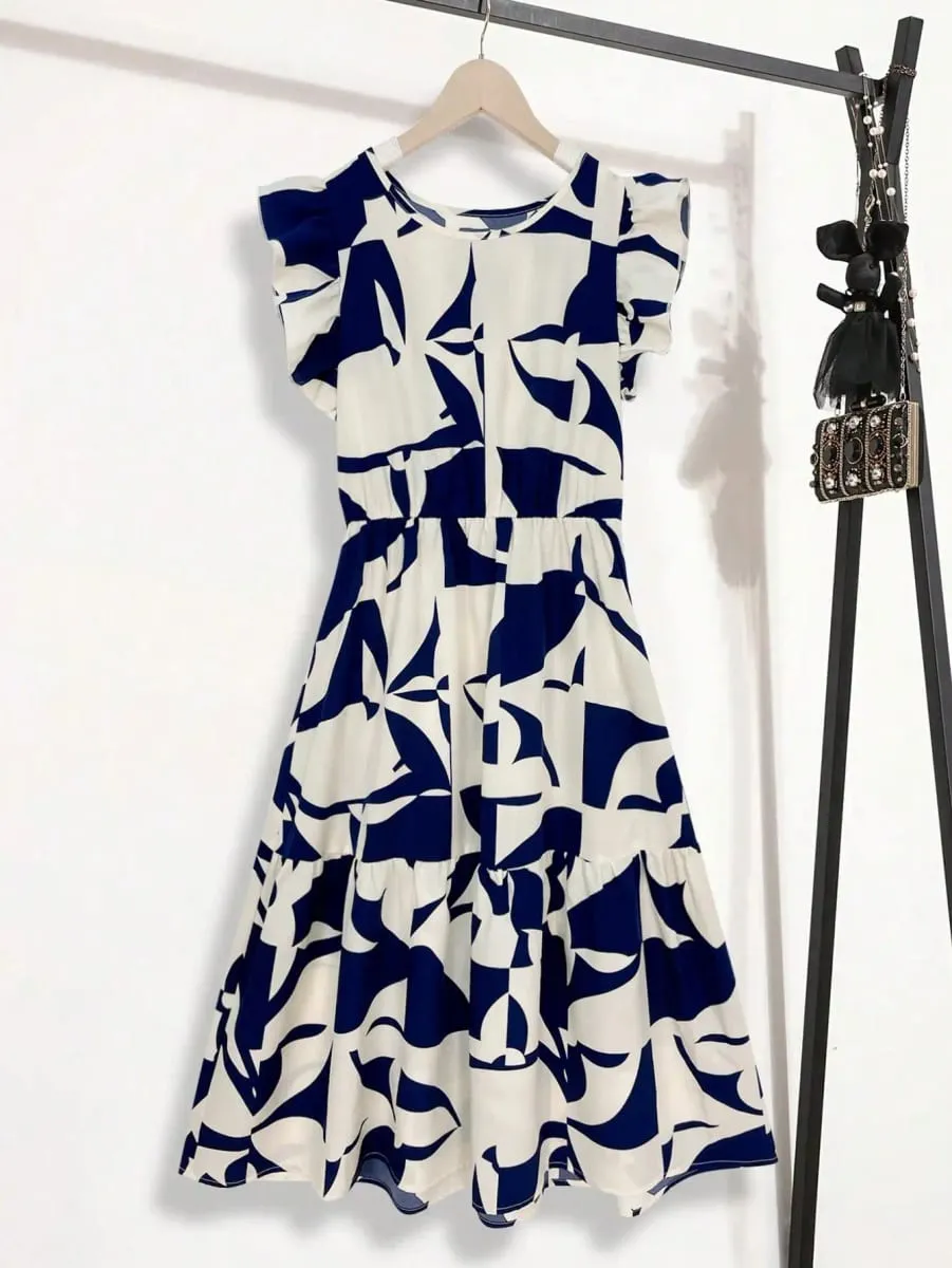 Womens Navy Blue Abstract Print Ruffle Sleeve Tiered Midi Dress Round Neck A Line Summer Casual Dress — image 2