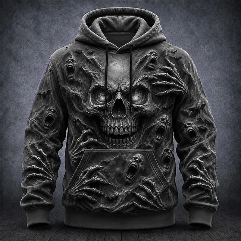 Men's Autumn Winter Halloween Hoodie Casual Pullover with Spooky Skull Print Loose Fit Festive Street-Style Top for Parties