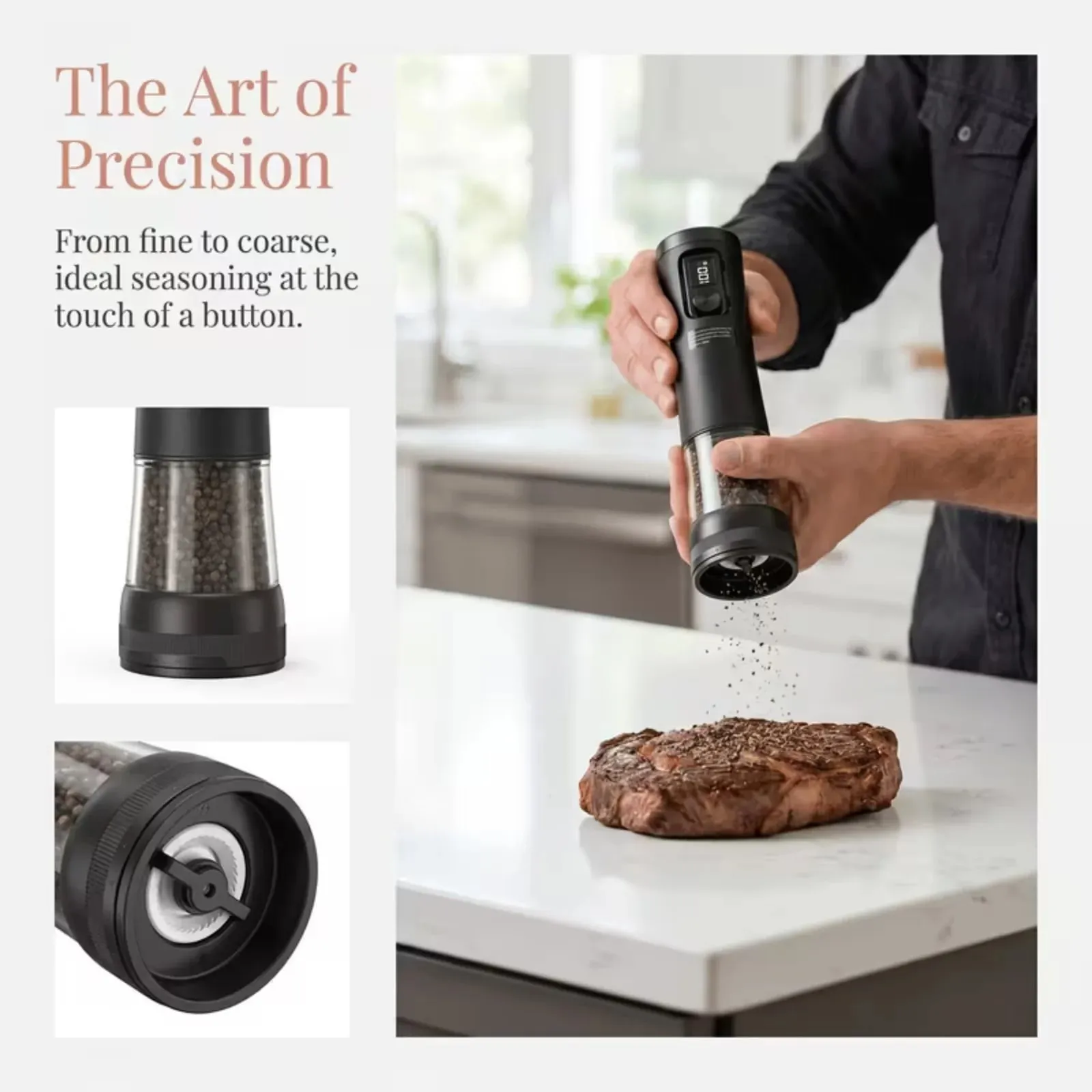 Electric Salt And Pepper Grinder Set Dual-Speed Adjustment Stainless Steel Rechargeable Automatic Pepper Grinder Jar With USB Charging Base Large 3.38 Ounce Capacity External Adjustable Coarseness LED Light.