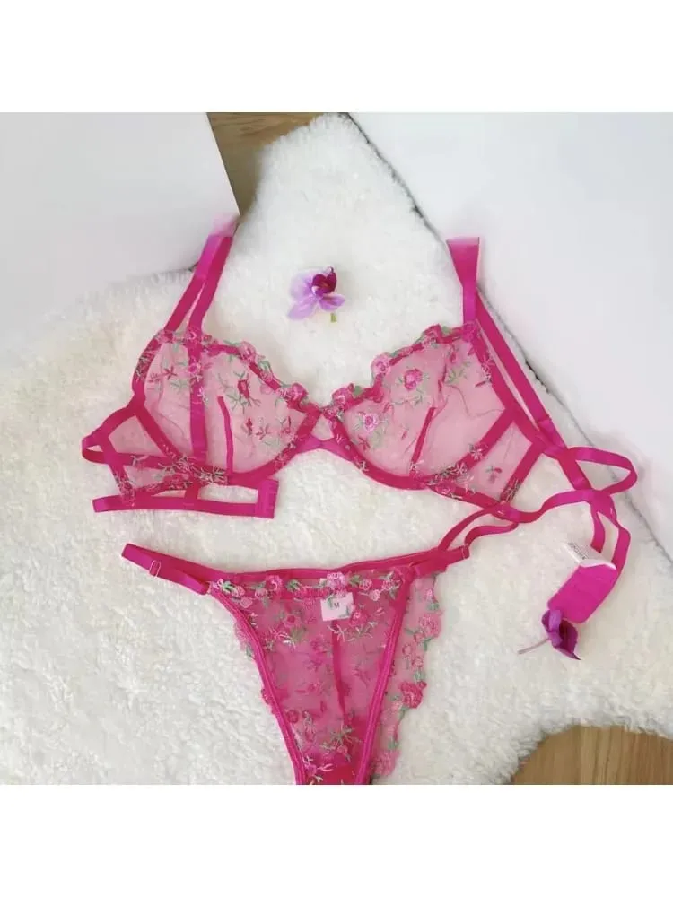 French Elegant Lingerie Set-Floral Embroidery Semi-Transparent Bra & Brief Black Sensual Women's Underwear Luxury Intimates