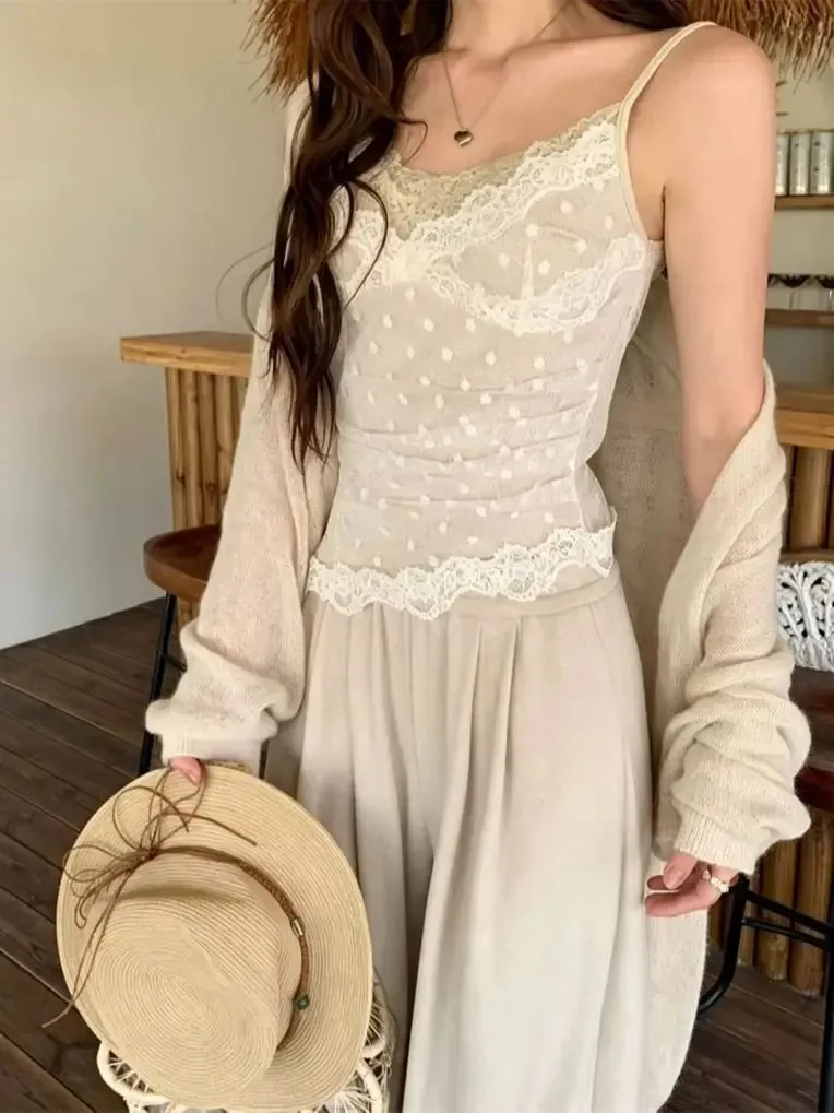 Women's Polka Dot Lace Spaghetti Strap Camisole with Pad Bust Adjustable Straps Side Lace Sexy Summer Daily Top A33079