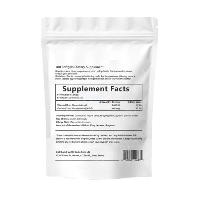 Capsule 2 in 1 di vitamina D3+K2 con 5.000 UI di D3 e 100 mcg di K2 Integratore dietetico a 180 conteggi Mantiene la salute quotidiana e migliora l'immunità