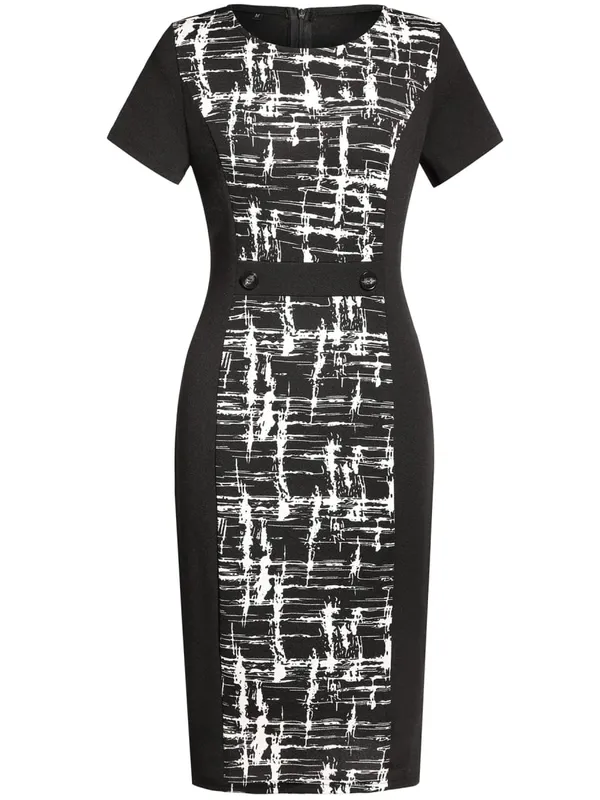 Womens Elegant Crew Neck Short Sleeve Floral Print Knee Length Patchwork Casual Party Button Pencil Bodycon Sheath Dress