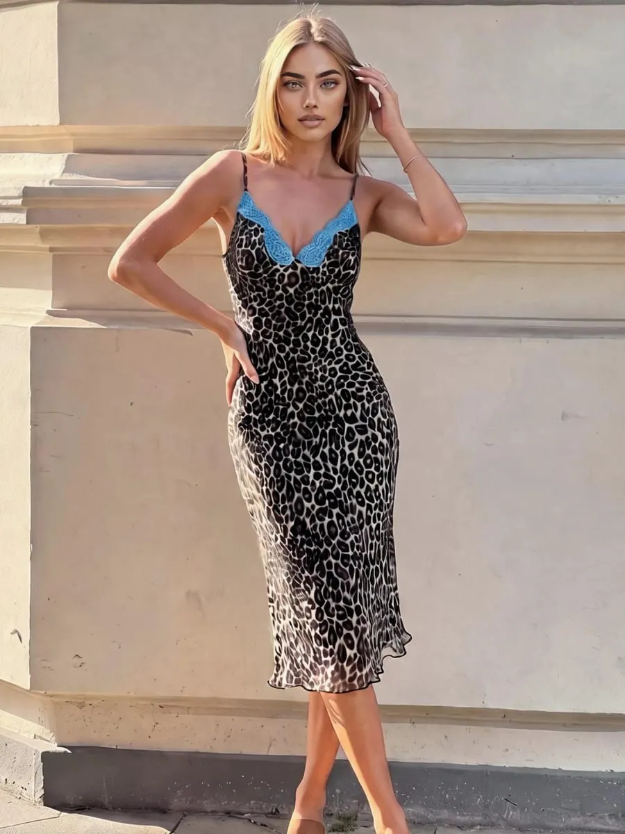 Dulzura Women Sexy Leopard Backless Lace Patchwork Mesh Slip Midi Dress Fashion Elegant Mermaid Dress Evening Party Prom Clothes