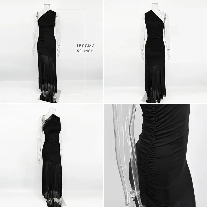 Ticketsx Off Shoulder See Through Dress Solid High Waist Patchwork Backless Slim Long Dress Women Vacation Party Evening Dresses