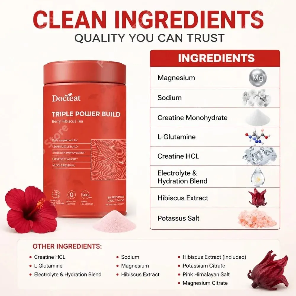 Docteat Berry Hibiscus Tea Creatine Powder with Creatine HCL and L-Glutamine Supports Hydration and Electrolytes 30 Servings — image 5