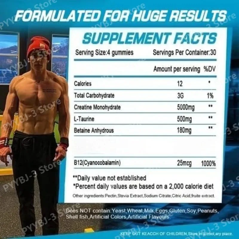 Kreatin-monohidrát tartalmú gumicukor B12-vitaminnal, izomnövekedést erősítő edzés előtti fitnesz egészségügyi kiegészítő 120db — image 7