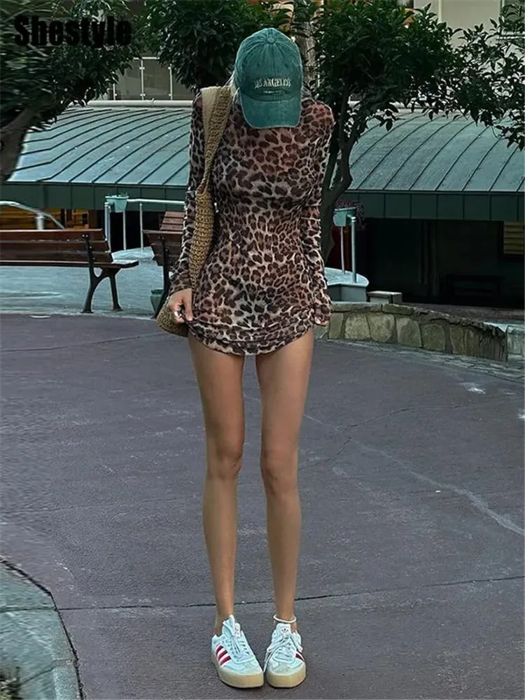 Shestyle Leopardo Sexy Abito a trapezio Donna Set a due pezzi Maglia trasparente Moda estremamente calda High Street Animal Print Elegante — image 3