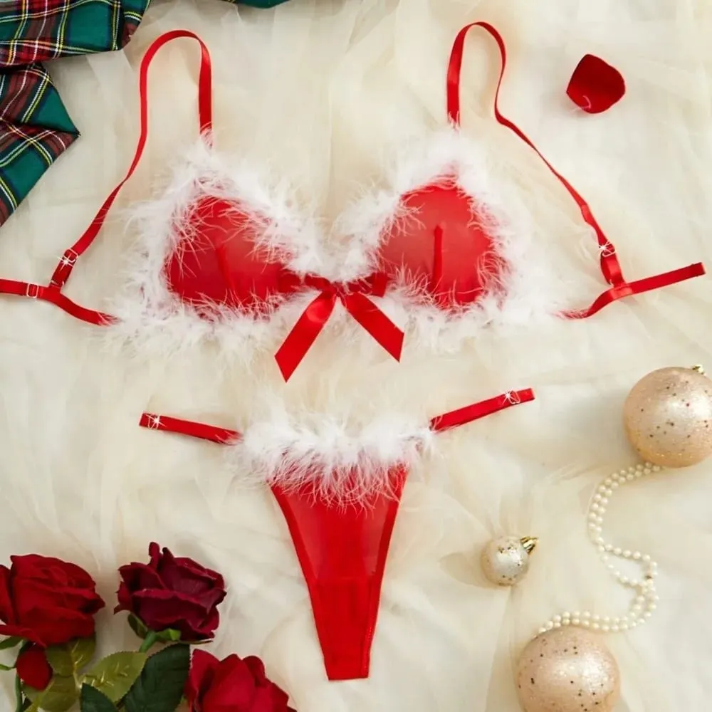 Sweet Furry Women's Underwear Mesh Transparent Bow Decor Lingerie Set Wireless Romantic Intimate Bra Panties Suit Christmas
